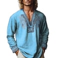 thumbnail image 1 of FAWUUDO Men's Henley Shirt Long Sleeve Print Embroidered Gauze Shirts Casual V Neck Cotton Linen Beach Hippie Shirt Blue, 1 of 6