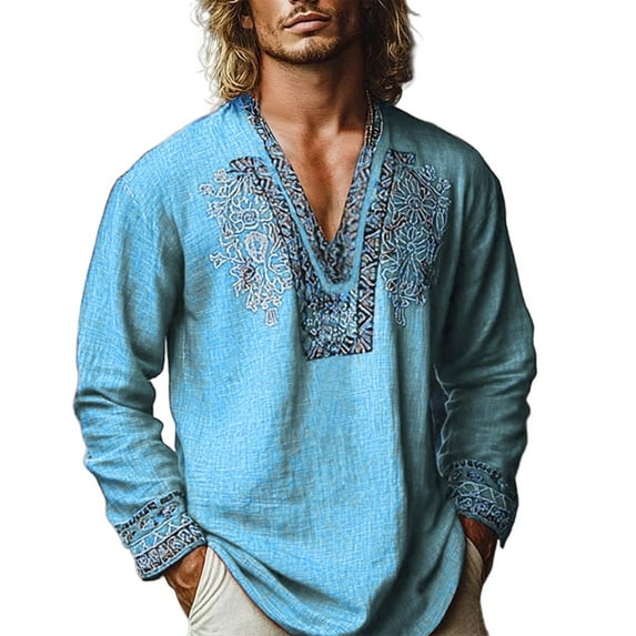 FAWUUDO Men's Henley Shirt Long Sleeve Print Embroidered Gauze Shirts Casual V Neck Cotton Linen Beach Hippie Shirt Blue