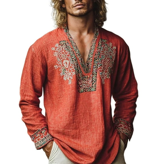 FAWUUDO Men's Henley Shirt Long Sleeve Print Embroidered Gauze Shirts Casual V Neck Cotton Linen Beach Hippie Shirt Red