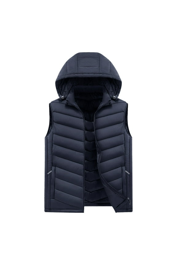 Men's Hooded Puffer Vest With Detachable Hat Thick Warm Sleeveless Jacket Fall Winter Casual Outwear Waistcoat Blue