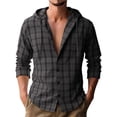 thumbnail image 1 of FAWUUDO Men's Plaid Hooded Shirt Slim Fit Long Sleeve Button Down Drawstring Hoodie Shirts Lightweight Casual Fishing Tops Dark Gray, 1 of 8