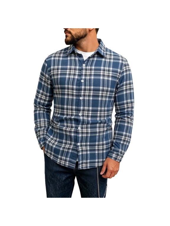 Men's Plaid Shirt Vintage Check Long Sleeve Collared Casual Fall Winter Warm Stylish Comfortable Versatile Top S Aj-Blue