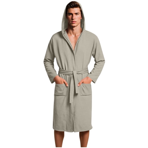 FAWUUDO Men's Robes Short Plush Bathrobe Knee Length Warm Soft Jacquard Robe Winter House Coat with Pockets Gray
