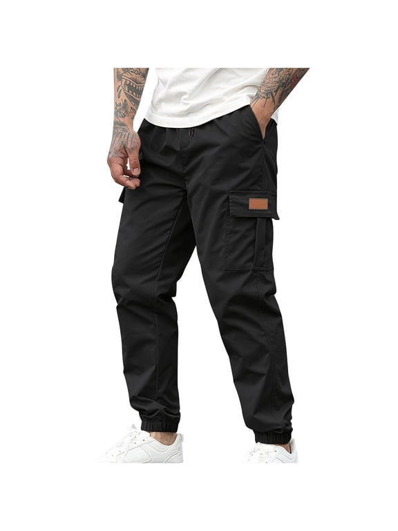 Men's Solid Drawstring Joggers Tapered Leg Cargo Style Multi Pocket Casual Sweatpants Streetwear Bottoms XL Black