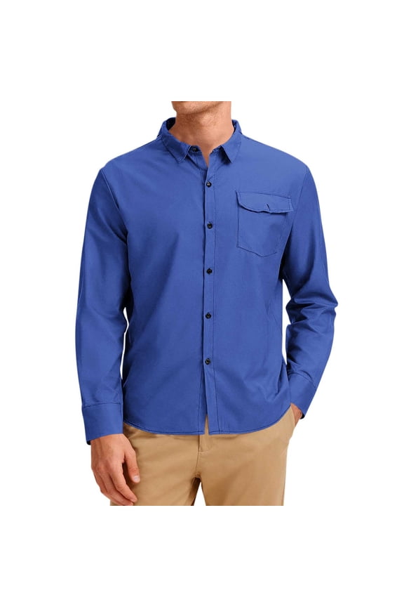 Men's Long Sleeve Shirts Collared Front Open Shirt Wrinkle-Free Dresses Tops Business Casual M Blue