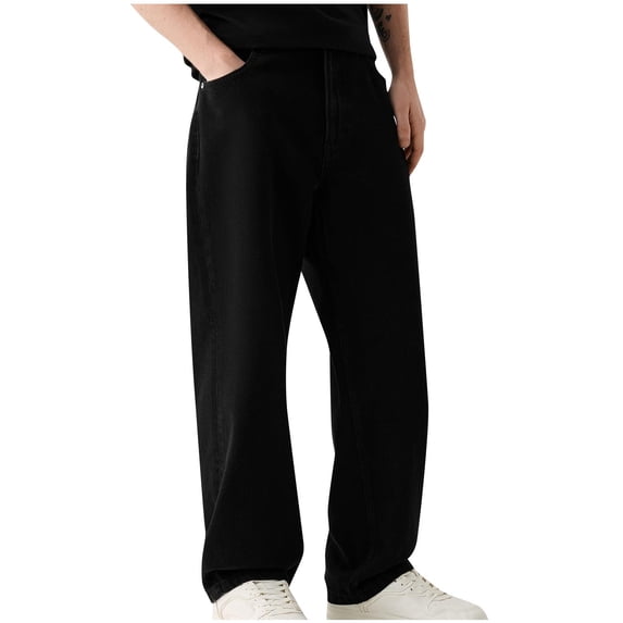 TEAJOPSUU Men's Straight Denim Pants Washed Black Jeans Button Zipper Comfortable Everyday Trousers with Side Pockets S B-Black