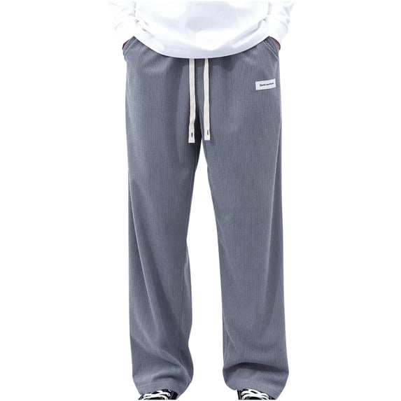 FAWUUDO Men's Straight Leg Casual Pants Drawstring Elastic Waist Side Pockets Loose Daily Casual Pants M Gray