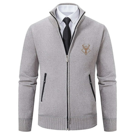 FAWUUDO Men's Vintage Full Zip Stand Collar Cardigan Sweaters - Long Sleeve Fall Winter Knitted Slim Fit Casual Outerwear Beige