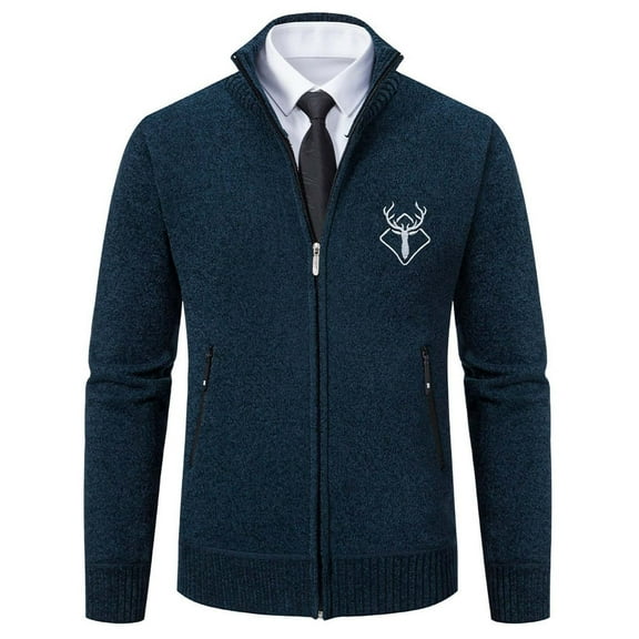 FAWUUDO Men's Vintage Full Zip Stand Collar Cardigan Sweaters - Long Sleeve Fall Winter Knitted Slim Fit Casual Outerwear Navy