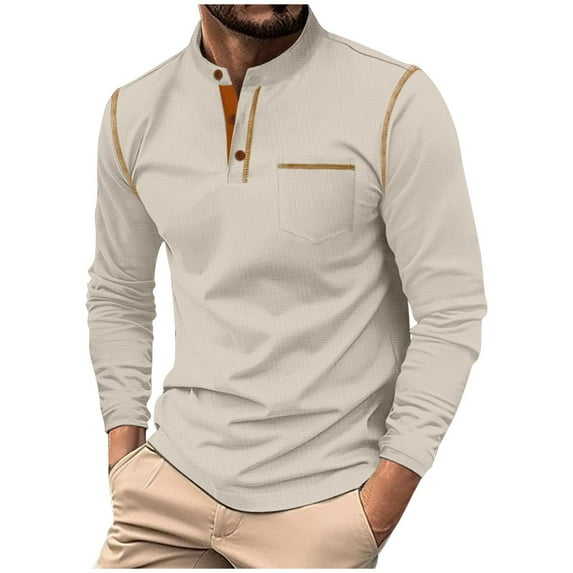 FAWUUDO Men's Waffle Henley Shirts Crew Neck Casual Long Sleeve Knitted Pullover T-Shirt Lightweight Comfy Fall Winter Tee Khaki
