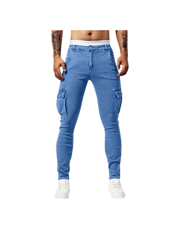 Men's Washed Cargo Denim Joggers Skinny Stretch Fit Multi Pockets Cuffed Ankles Casual Street Style Pants 30 Blue