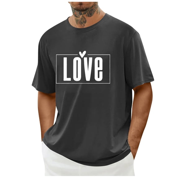 FAWUUDO Mens Casual Short Sleeve T Shirt Round Neck Simple Valentines Day Print Romantic Graphic Holiday Gift Top Tee Gray S
