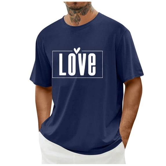 FAWUUDO Mens Casual Short Sleeve T Shirt Round Neck Simple Valentines Day Print Romantic Graphic Holiday Gift Top Tee Navy L