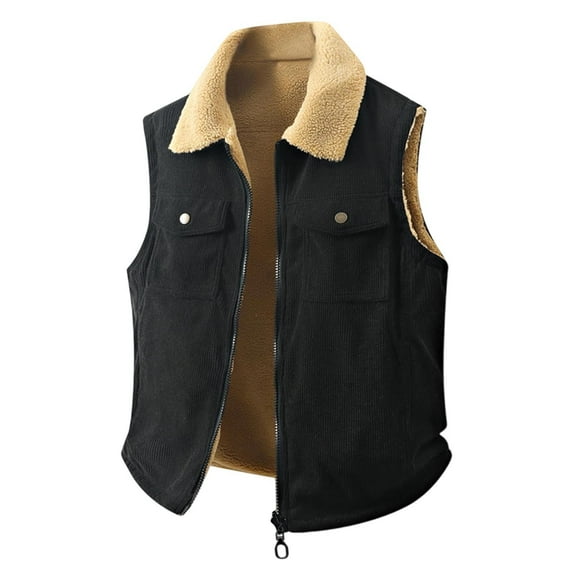 FAWUUDO Mens Corduroy Vest With Lamb Wool Lining Casual Vintage Double-Sided Sleeveless Jacket Warm Waistcoat Black