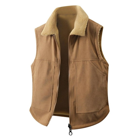 FAWUUDO Mens Corduroy Vest With Lamb Wool Lining Casual Vintage Double-Sided Sleeveless Jacket Warm Waistcoat Khaki