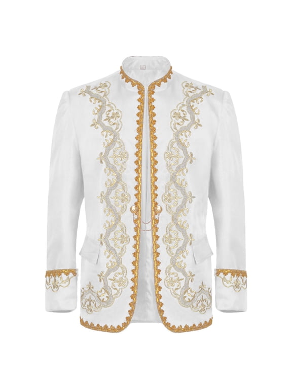 TEAJOPSUU Mens Medieval Jacket Renaissance Gold Embroidered Steampunk Blazers Halloween Gothic Vintage Uniform White