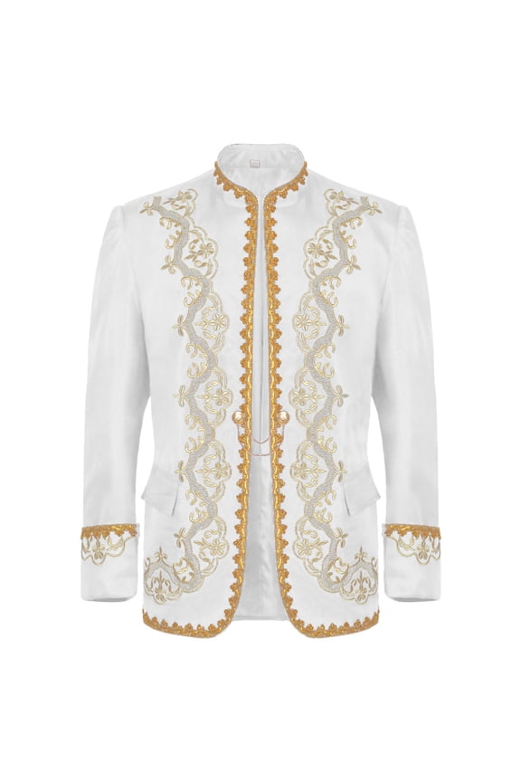 Mens Medieval Jacket Renaissance Gold Embroidered Steampunk Blazers Halloween Gothic Vintage Uniform White