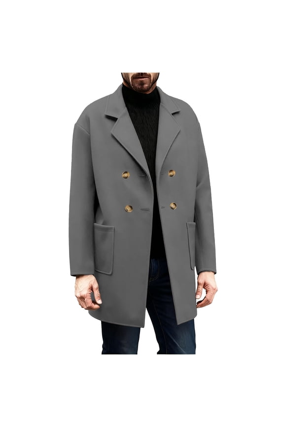 Mens Mid Long Trench Coat Slim Fit Winter Pea Coat Single Breasted Business Overcoat Gray