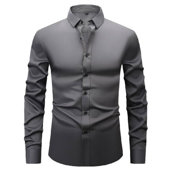 FAWUUDO Mens Slim Fit Non-Wrinkle Shirt Business Casual Classic Commuting Dress Shirts Long Sleeve Work Plain Clothes Dark Gray