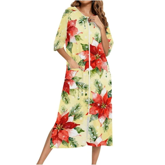 FAWUUDO Nightgown House Dress Zip up Robes for Women Long Lounge Dress House Coat Women