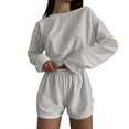 thumbnail image 1 of ROHUUQUE Pajama Sets for Women 2 Piece Solid Long Sleeve Tops Hollow Out Elastic Waist Shorts Pjs Outfits, 1 of 9