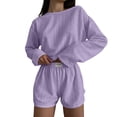 thumbnail image 1 of ROHUUQUE Pajama Sets for Women 2 Piece Solid Long Sleeve Tops Hollow Out Elastic Waist Shorts Pjs Outfits, 1 of 9