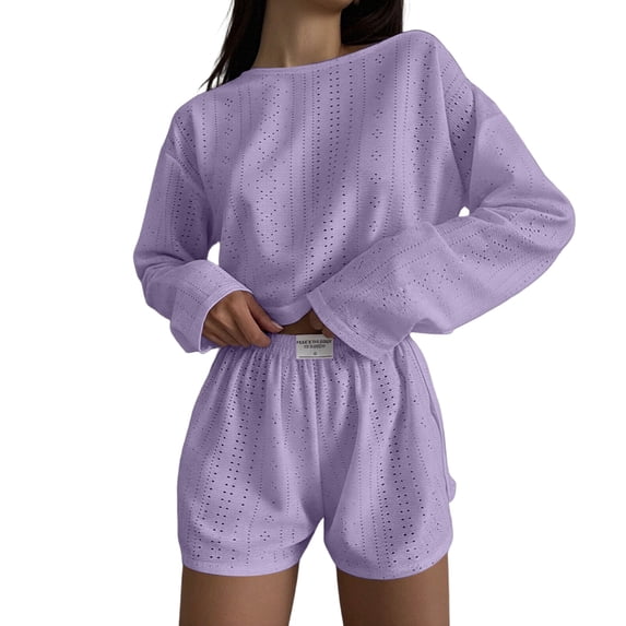 ROHUUQUE Pajama Sets for Women 2 Piece Solid Long Sleeve Tops Hollow Out Elastic Waist Shorts Pjs Outfits