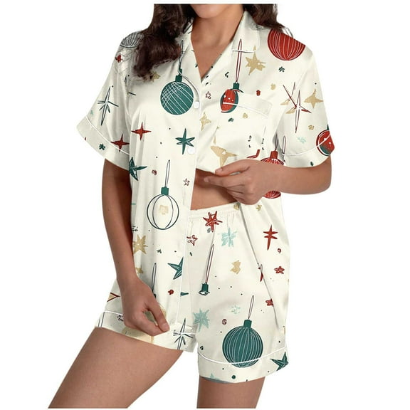 FAWUUDO Pajamas for Women Set Christmas Pajamas Short Sleeve Lapel Shorts Sleepwear Suits Xmas Home Outfits Casual Pjs Sets