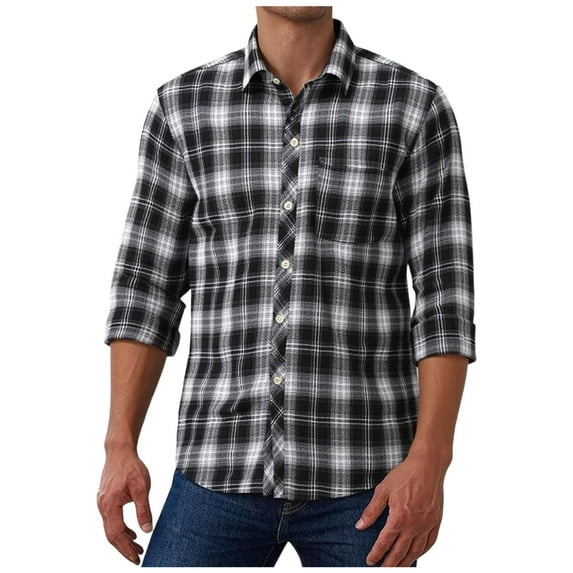 FAWUUDO Plaid Shirts for Men Pearl Snap Shirt Long Sleeve Vintage Casual Cowboy Tshirt with Two Pockets Black