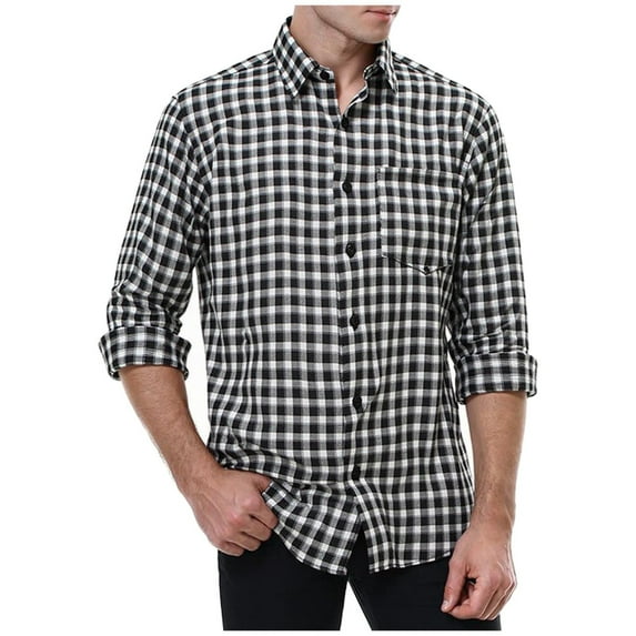 FAWUUDO Plaid Shirts for Men Pearl Snap Shirt Long Sleeve Vintage Casual Cowboy Tshirt with Two Pockets Black