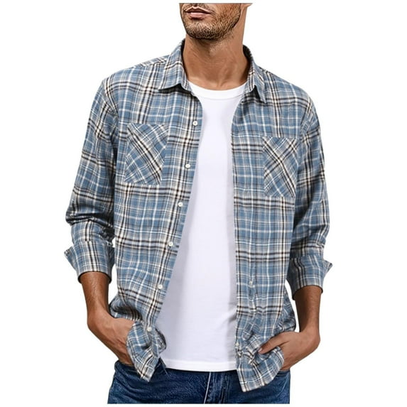 FAWUUDO Plaid Shirts for Men Pearl Snap Shirt Long Sleeve Vintage Casual Cowboy Tshirt with Two Pockets Blue