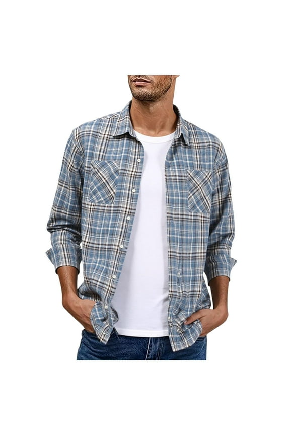 Plaid Shirts for Men Pearl Snap Shirt Long Sleeve Vintage Casual Cowboy Tshirt with Two Pockets Blue