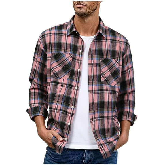 FAWUUDO Plaid Shirts for Men Pearl Snap Shirt Long Sleeve Vintage Casual Cowboy Tshirt with Two Pockets Pink