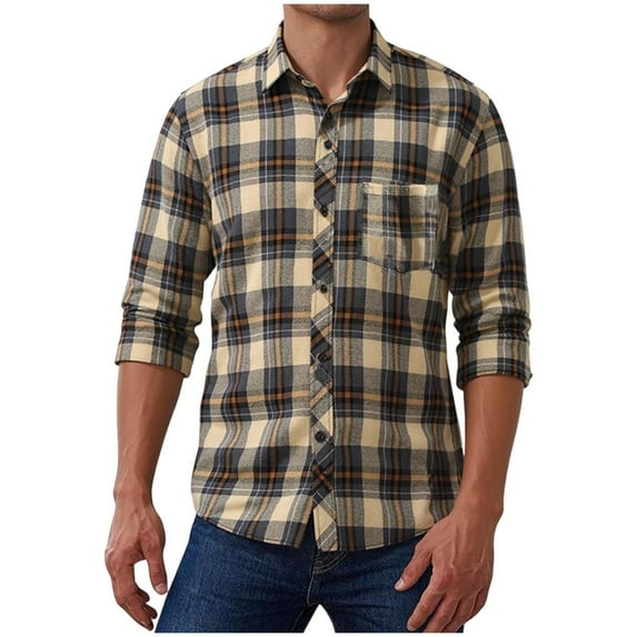 FAWUUDO Plaid Shirts for Men Pearl Snap Shirt Long Sleeve Vintage Casual Cowboy Tshirt with Two Pockets Yellow