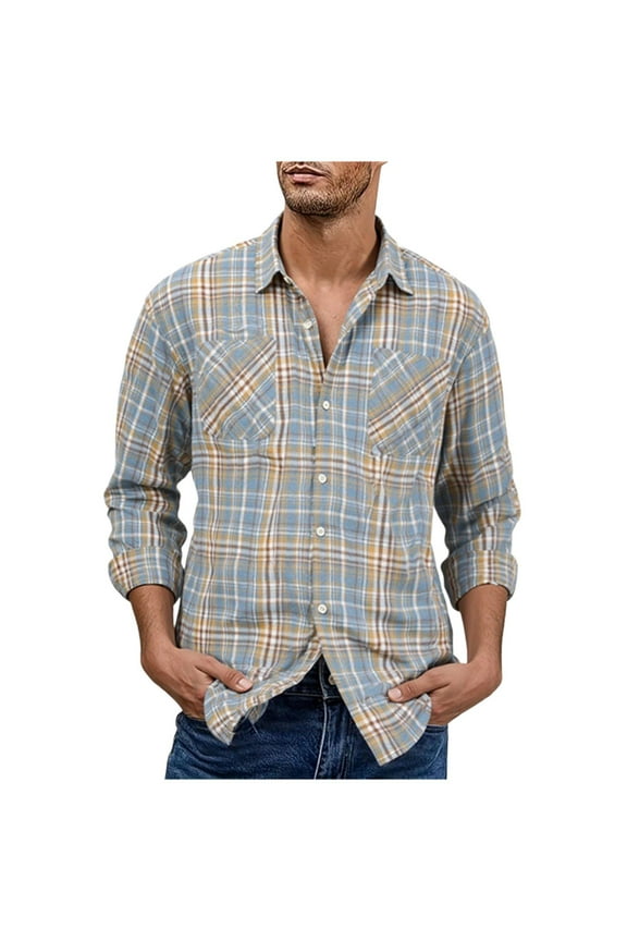 Plaid Shirts for Men Pearl Snap Shirt Long Sleeve Vintage Casual Cowboy Tshirt with Two Pockets Yellow