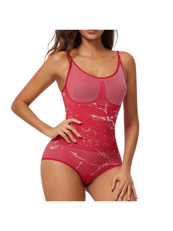 Plus Size Shapewear for Women Tummy Control Bodysuit Mid Thigh Body Shaper Shorts Adjustable Strap Butt-Lifting Bodysuit F-Red
