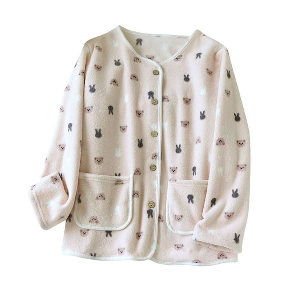 FAWUUDO Plush Thick Warm Pajama Women Fluffy Plaid Print Button Cardigan Top Loungewear Long Sleeve Nightwear