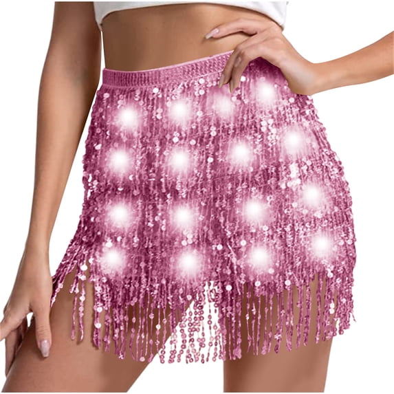 FAWUUDO Sparkly Sequin Fringe Skirt Tassel Shorts Belly Dance Skirts Rave Festival Outfits for Women