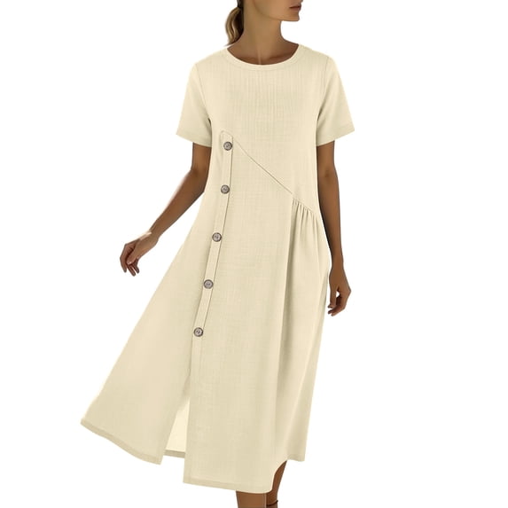 FAWUUDO Summer Dress For Women Short Sleeve Button Down Cotton Round Neck Pocket Side Split Loose Maxi Dress Casual Beige