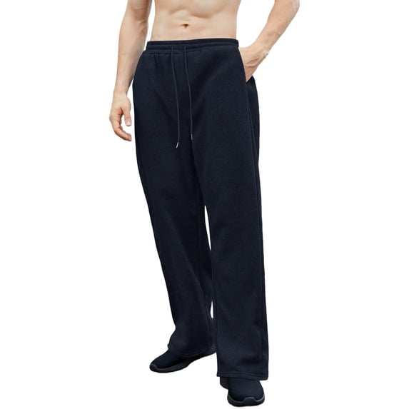 FAWUUDO Sweatpants Men Wide Leg Sweats Pants Loose Cotton Open Bottom Joggers with Pockets Tall Trousers Streetwear Dark Blue