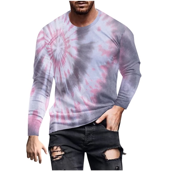 TEAJOPSUU Tie Dye Graphic Long Sleeve Shirts for Men Crew Neck Breathable Loose Fit Daily Casual Tops 3XL AB-Gray