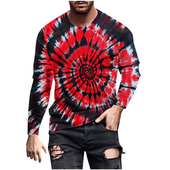 TEAJOPSUU Tie Dye Graphic Long Sleeve Shirts for Men Crew Neck Breathable Loose Fit Daily Casual Tops L AA-Black