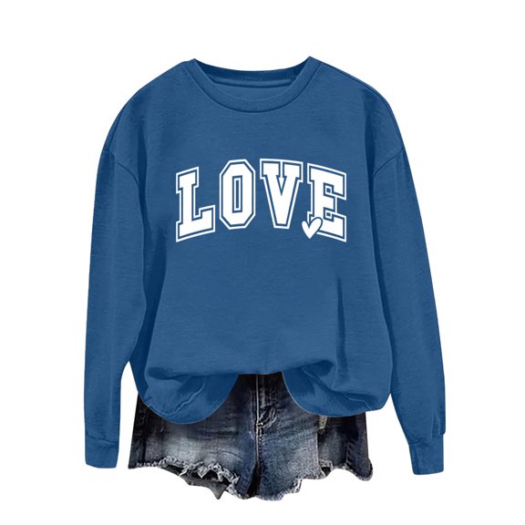 FAWUUDO Valentine's Tees for Women Casual Round Neck Long Sleeve Printed T-Shirt Top