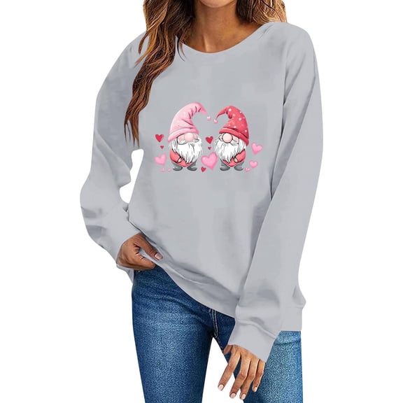 FAWUUDO Valentines Day Heart Print Pullover for Women Loose Fit Crewneck Long Sleeve Sweatshirt Casual Cozy Romantic Loungewear Gift Gray XL