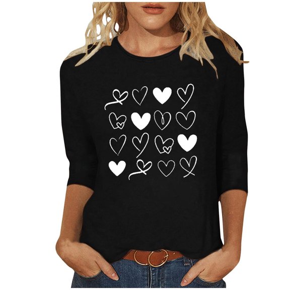 FAWUUDO Valentines Day Printed T Shirt for Women 3/4 Sleeve Round Neck Loose Fit Casual Blouse Sweet Romantic Holiday Gift Idea Black S