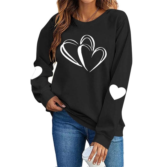 FAWUUDO Valentines Day Shirts Women Valentine Crewneck Sweatshirts Love Heart Sweatshirt Valentine's Long Sleeve Tops Black XS