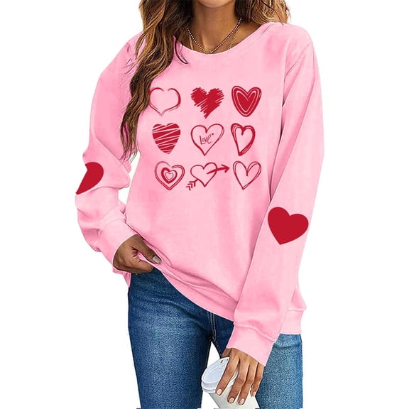 FAWUUDO Valentines Day Shirts Women Valentine Crewneck Sweatshirts Love Heart Sweatshirt Valentine's Long Sleeve Tops Pink L