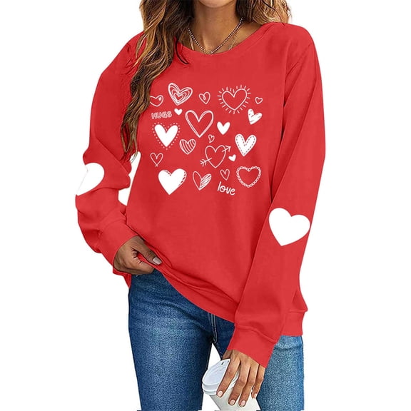 FAWUUDO Valentines Day Shirts Women Valentine Crewneck Sweatshirts Love Heart Sweatshirt Valentine's Long Sleeve Tops Red L