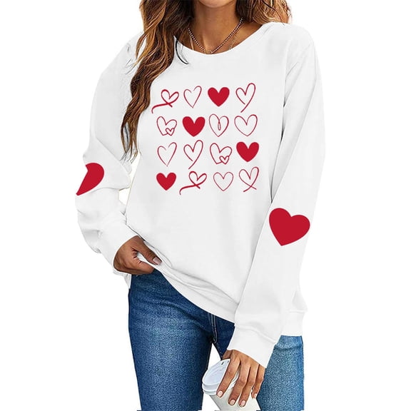 FAWUUDO Valentines Day Shirts Women Valentine Crewneck Sweatshirts Love Heart Sweatshirt Valentine's Long Sleeve Tops White S