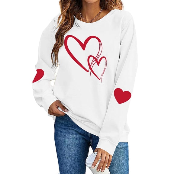 FAWUUDO Valentines Day Shirts Women Valentine Crewneck Sweatshirts Love Heart Sweatshirt Valentine's Long Sleeve Tops White XS